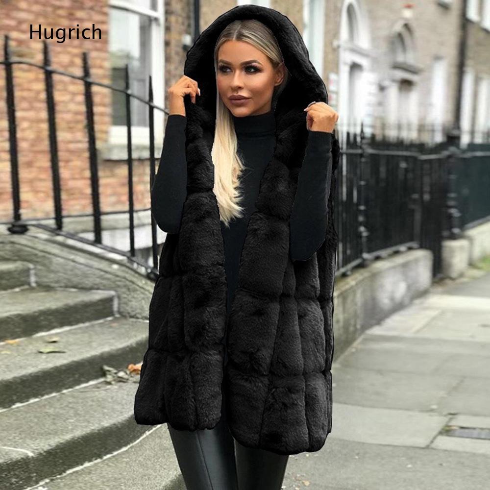 Women'S Fashion Gilet - 여성 브라운 인조 모피 후드 조끼