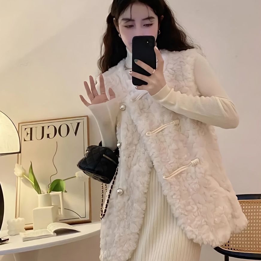Women'S Fashion Gilet - 여성용 조끼 양털 플러시 화이트 가을