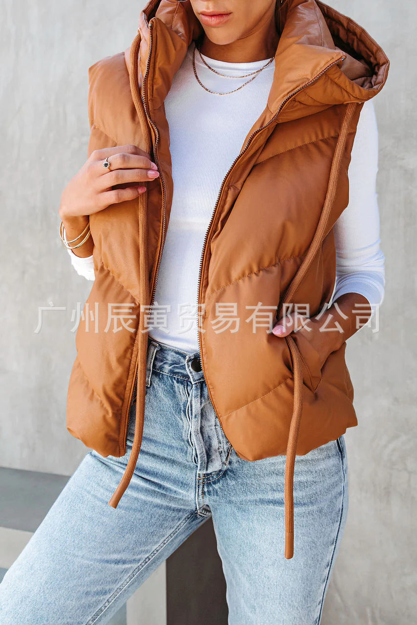 Women'S Fashion Gilet - 여성용 솔리드 컬러 후드 패딩 조끼