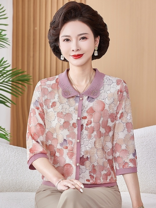 Women Fashion Over The Years - 아이스 실크 신축성 있는 프린트 반팔