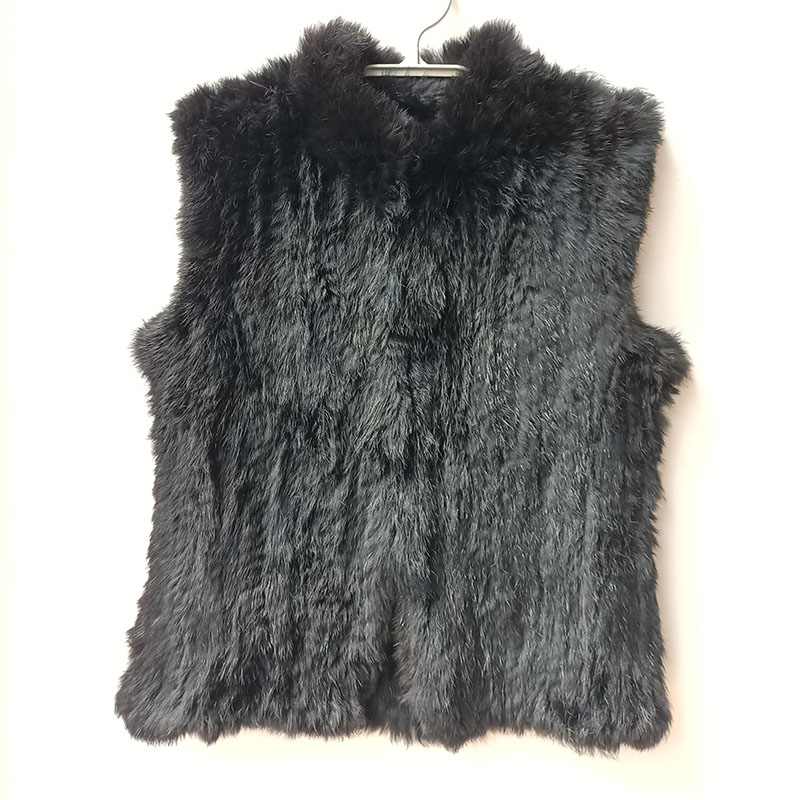 Women'S Fashion Gilet - 여성용 블랙 니트 진짜 토끼 모피