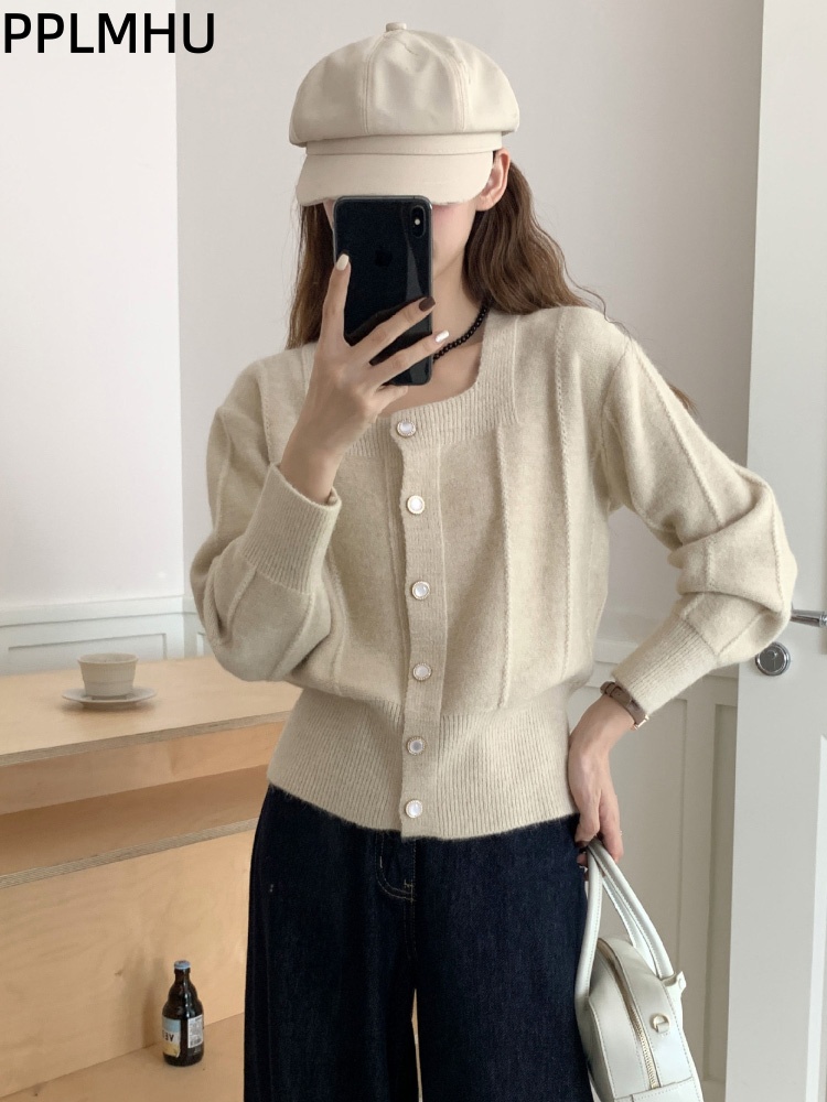 Women'S Fashion Gilet - 한국 패션 스퀘어 칼라 니트웨어 가디건