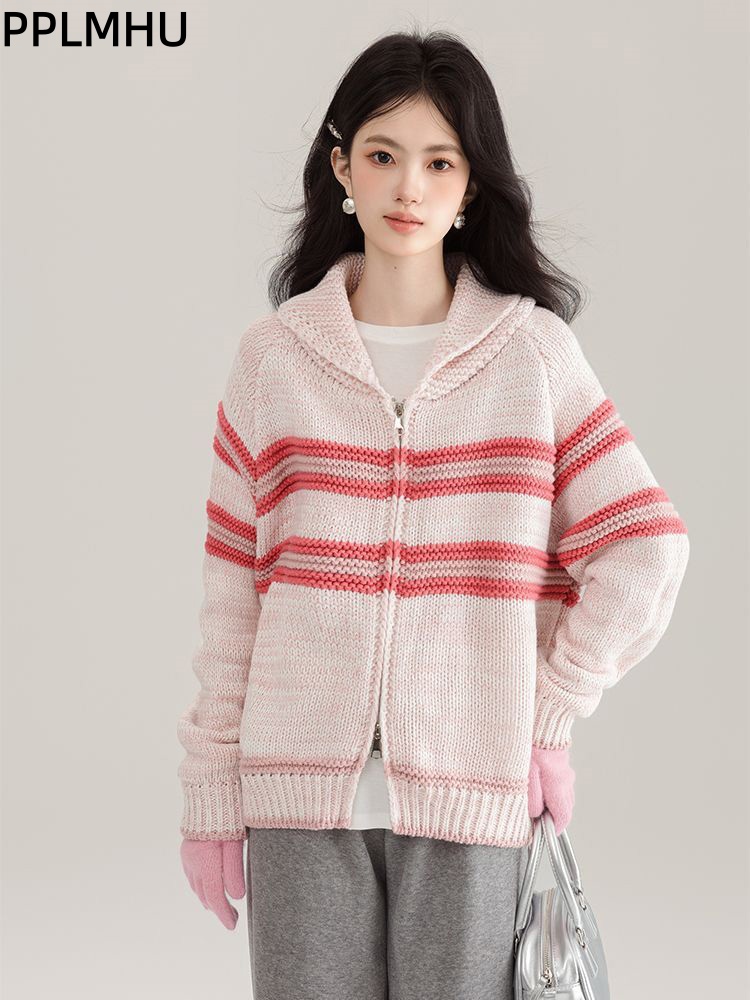 Women'S Fashion Gilet - 턴다운 칼라 스트라이프 니트 가디건 한국