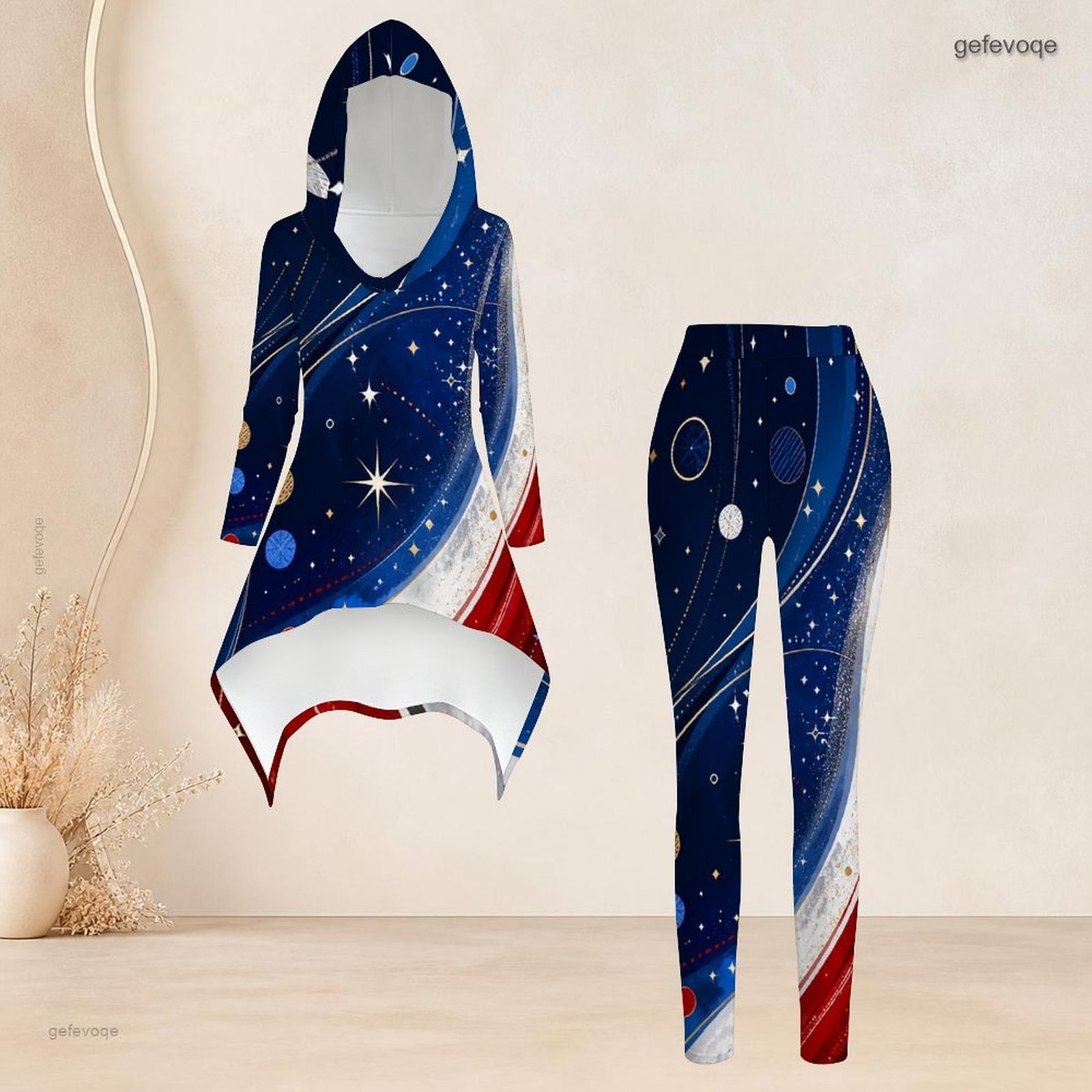 Asymmetric Top Women - 여성 캐주얼 투피스 세트 후드 긴소매