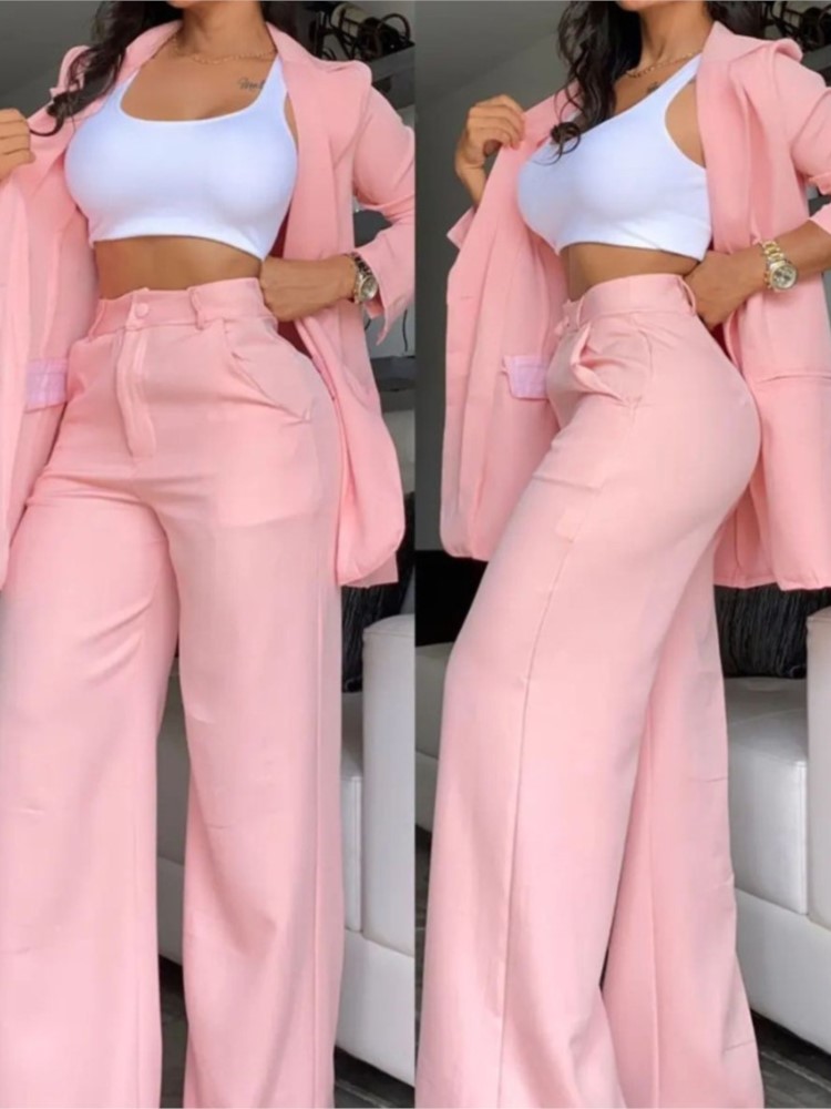 새로운 가을 여성 패션 솔리드 노치 칼라 정장 두 조각 - Women'S Fashion Business Casual 리뷰 및 가격