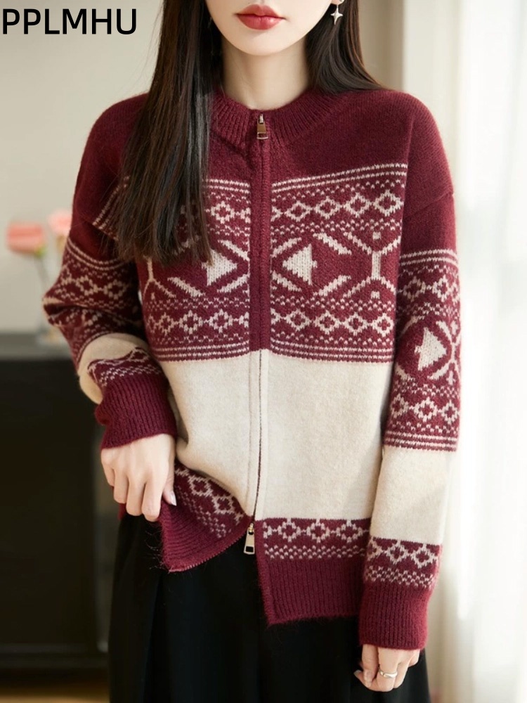빈티지 자카드 한국 패션 니트 가디건 O넥 지퍼 부드러 - Women'S Fashion Gilet 리뷰 및 가격