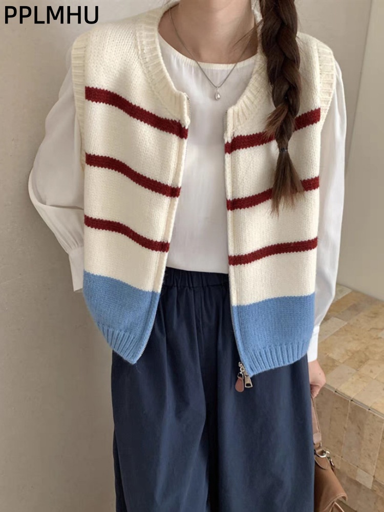 스트라이프 지퍼 가디건 니트 조끼 여성 캐주얼 민소매  - Women'S Fashion Gilet 리뷰 및 가격