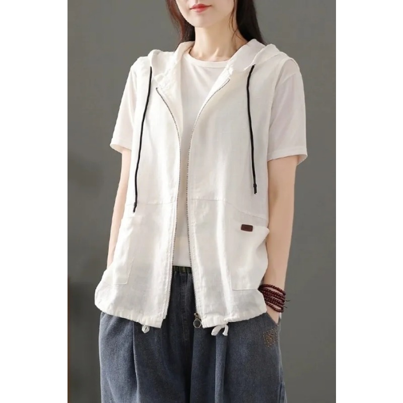 여성용 흰색 린넨 혼방 후드 조끼 캐주얼 민소매 지퍼업 - Women'S Fashion Gilet 리뷰 및 가격