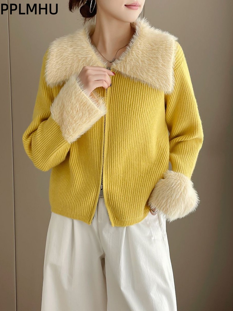 지퍼 턴다운 칼라 스플라이스 니트 스웨터 여성 캐주얼  - Women'S Fashion Gilet 리뷰 및 가격